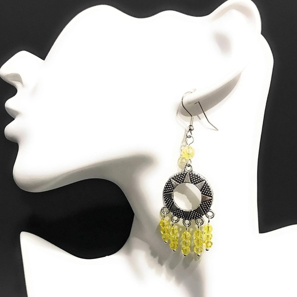 Yellow Beaded Earrings for Women with Sun Pendant Charm - Picture 3 of 5